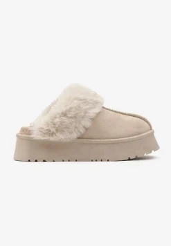 Beżowe Kapcie na Platformie z Ekozamszu z Futerkiem Livorn