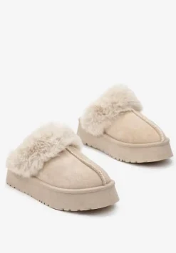 Beżowe Kapcie na Platformie z Ekozamszu z Futerkiem Livorn