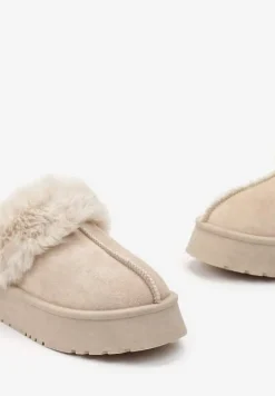 Beżowe Kapcie na Platformie z Ekozamszu z Futerkiem Livorn