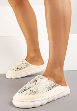 Beżowe Kapcie Vices na Platformie z Tłoczeniem Ozdobione Metalicznym Wzorem Zeanivra
