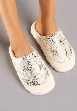 Beżowe Kapcie Vices na Platformie z Tłoczeniem Ozdobione Metalicznym Wzorem Zeanivra