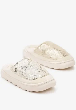 Beżowe Kapcie Vices na Platformie z Tłoczeniem Ozdobione Metalicznym Wzorem Zeanivra