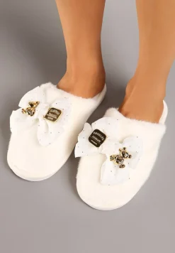 Beżowe Kapcie Wsuwane z Futerkiem Ozdobione Kokardą z Metalowymi Detalami Reaniara