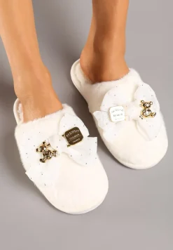 Beżowe Kapcie Wsuwane z Futerkiem Ozdobione Kokardą z Metalowymi Detalami Reaniara