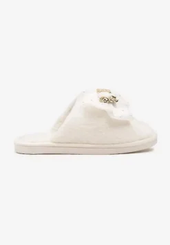 Beżowe Kapcie Wsuwane z Futerkiem Ozdobione Kokardą z Metalowymi Detalami Reaniara