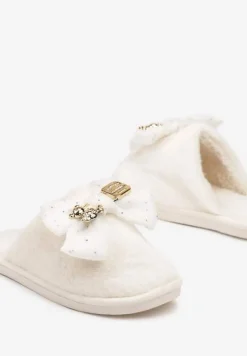 Beżowe Kapcie Wsuwane z Futerkiem Ozdobione Kokardą z Metalowymi Detalami Reaniara