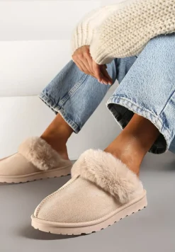 Beżowe Kapcie z Ekozamszu z Futrzaną Wyściółką Zoleti