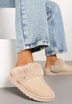 Beżowe Kapcie z Ekozamszu z Futrzaną Wyściółką Zoleti