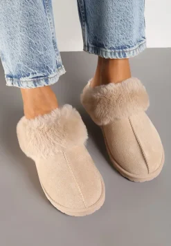 Beżowe Kapcie z Ekozamszu z Futrzaną Wyściółką Zoleti