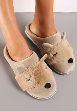 Beżowe Kapcie z Futerkiem i Imitacją Uszu Bervenka