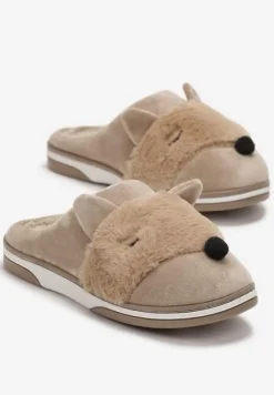 Beżowe Kapcie z Futerkiem i Imitacją Uszu Bervenka