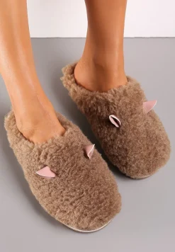 Beżowe Kapcie z Futerkiem i Motywem Uszu Iratimi