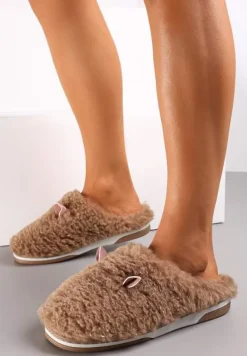 Beżowe Kapcie z Futerkiem i Motywem Uszu Iratimi