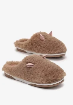 Beżowe Kapcie z Futerkiem i Motywem Uszu Iratimi