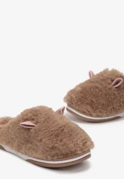 Beżowe Kapcie z Futerkiem i Motywem Uszu Iratimi