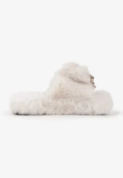 Beżowe Kapcie z Futerkiem Ozdobione Kokardką i Metalowymi Detalami Marilie