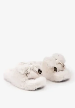 Beżowe Kapcie z Futerkiem Ozdobione Kokardką i Metalowymi Detalami Marilie