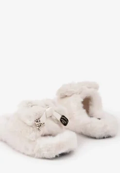 Beżowe Kapcie z Futerkiem Ozdobione Kokardką i Metalowymi Detalami Marilie