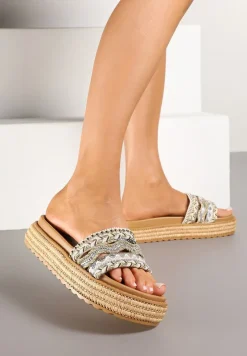 Beżowe Klapki Boho na Podeszwie z Plecionki Zdobione Cyrkoniami Deonielle