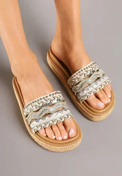 Beżowe Klapki Boho na Podeszwie z Plecionki Zdobione Cyrkoniami Deonielle