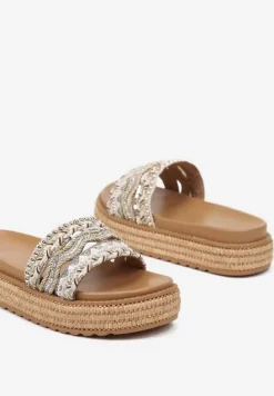 Beżowe Klapki Boho na Podeszwie z Plecionki Zdobione Cyrkoniami Deonielle