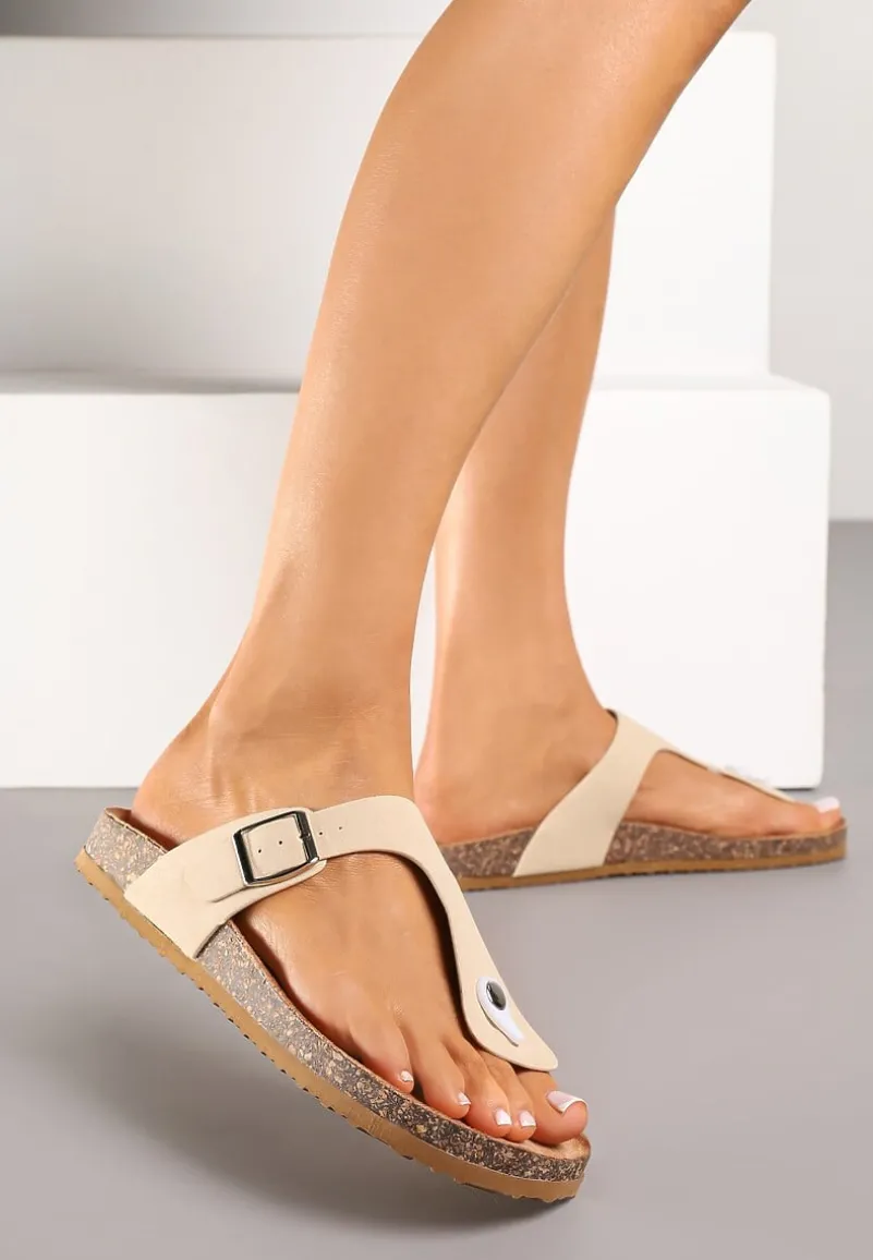 Beżowe Klapki Japonki na Podeszwie z Imitacji Korka Idessa