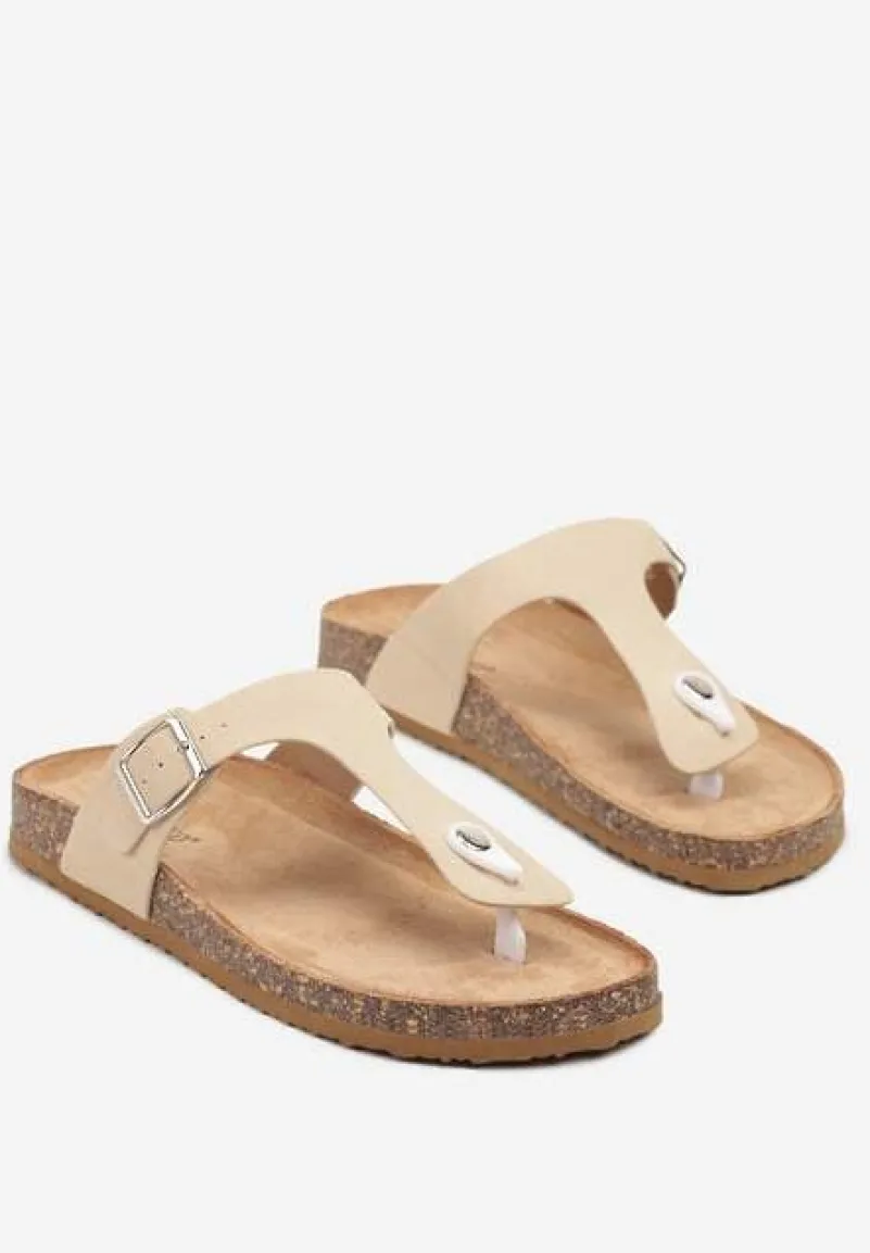 Beżowe Klapki Japonki na Podeszwie z Imitacji Korka Idessa