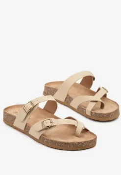 Beżowe Klapki Japonki ze Sprzączkami na Podeszwie z Imitacji Korka Idanavia