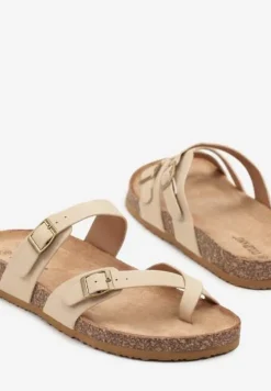 Beżowe Klapki Japonki ze Sprzączkami na Podeszwie z Imitacji Korka Idanavia
