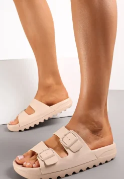 Beżowe Klapki na Grubej Podeszwie z Paskami Eemane