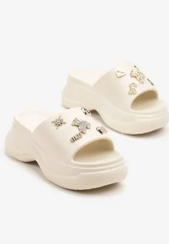 Beżowe Klapki na Grubej Podeszwie z Cyrkoniami Islia