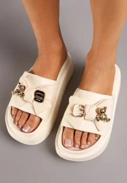 Beżowe Klapki na Grubej Podeszwie z Aplikacją w Kształcie Kokardy Quilfea