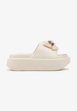 Beżowe Klapki na Grubej Podeszwie z Aplikacją w Kształcie Kokardy Quilfea