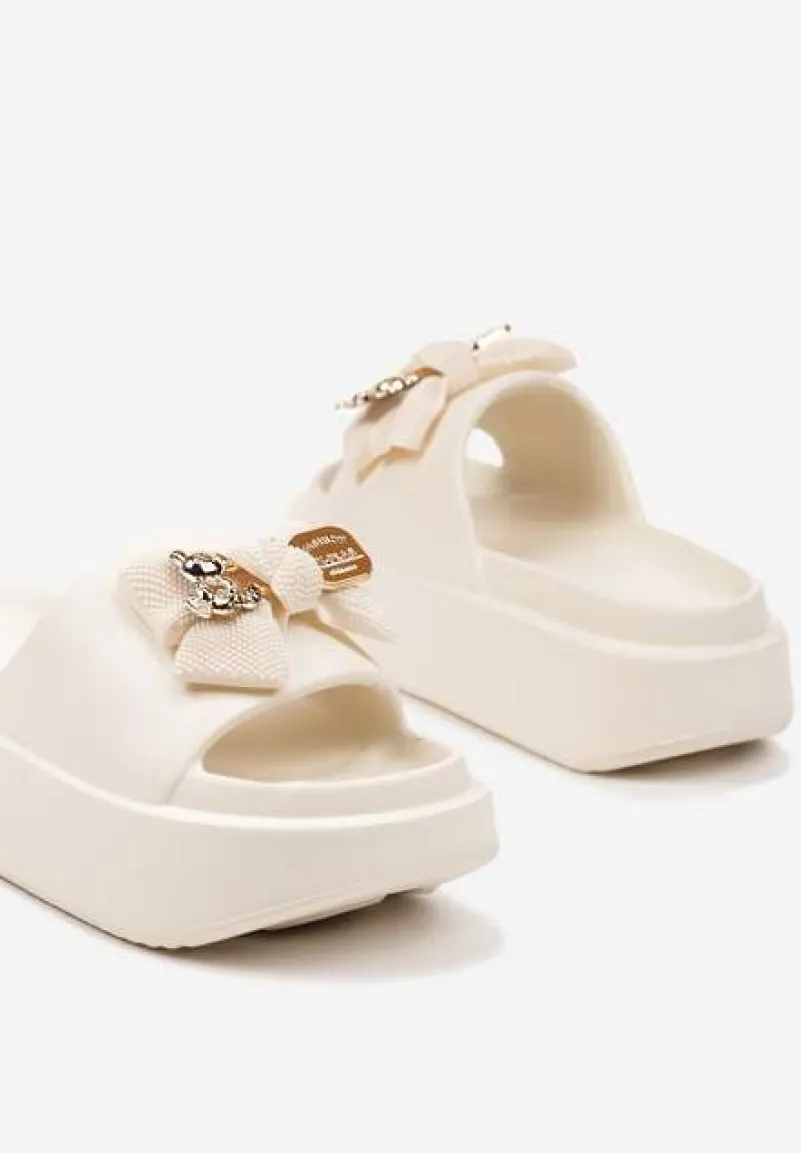 Beżowe Klapki na Grubej Podeszwie z Aplikacją w Kształcie Kokardy Quilfea