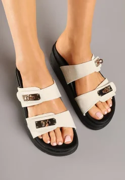 Beżowe Klapki na Koturnie Zdobione Metalicznymi Aplikacjami Lilivaria