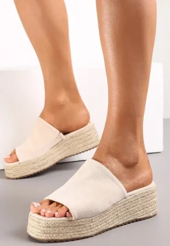 Beżowe Klapki na Koturnie z Platformą Obleczonych Plecionką z Juty Bohalis