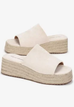 Beżowe Klapki na Koturnie z Platformą Obleczonych Plecionką z Juty Bohalis