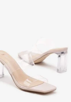 Beżowe Klapki na Obcasie Transparentne Lanathea