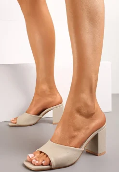 Beżowe Klapki na Obcasie z Szerokim Paskiem Nezewia