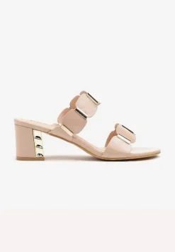 Beżowe Klapki na Obcasie z Metalicznym Zdobieniem z Ozdobnymi Paskami Morilena