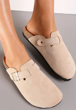 Beżowe Klapki na Płaskiej Podeszwie z Korka z Klamerką i Okrągłym Noskiem Shamsa