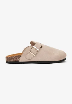 Beżowe Klapki na Płaskiej Podeszwie z Korka z Klamerką i Okrągłym Noskiem Shamsa