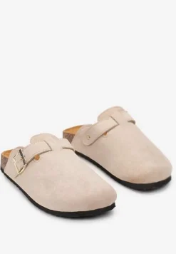 Beżowe Klapki na Płaskiej Podeszwie z Korka z Klamerką i Okrągłym Noskiem Shamsa