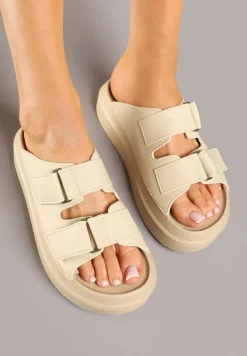 Beżowe Klapki na Piankowej Platformie z Paskami na Rzep Falarisa