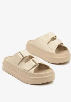 Beżowe Klapki na Piankowej Platformie z Paskami na Rzep Falarisa
