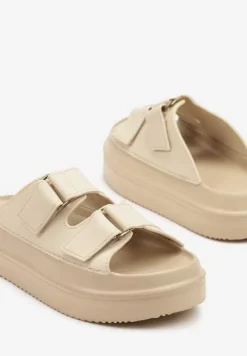 Beżowe Klapki na Piankowej Platformie z Paskami na Rzep Falarisa