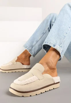 Beżowe Klapki na Platformie Ozdobione Paskiem i Futerkiem w Stylu Baranka Islinna