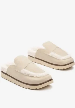 Beżowe Klapki na Platformie Ozdobione Paskiem i Futerkiem w Stylu Baranka Islinna