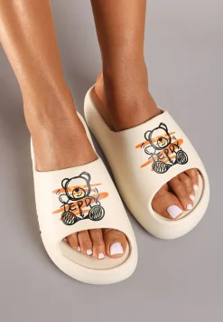 Beżowe Klapki na Platformie z Pianki z Nadrukiem Misia Nelorea