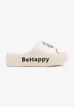 Beżowe Klapki na Platformie z Pianki z Nadrukiem Misia Nelorea